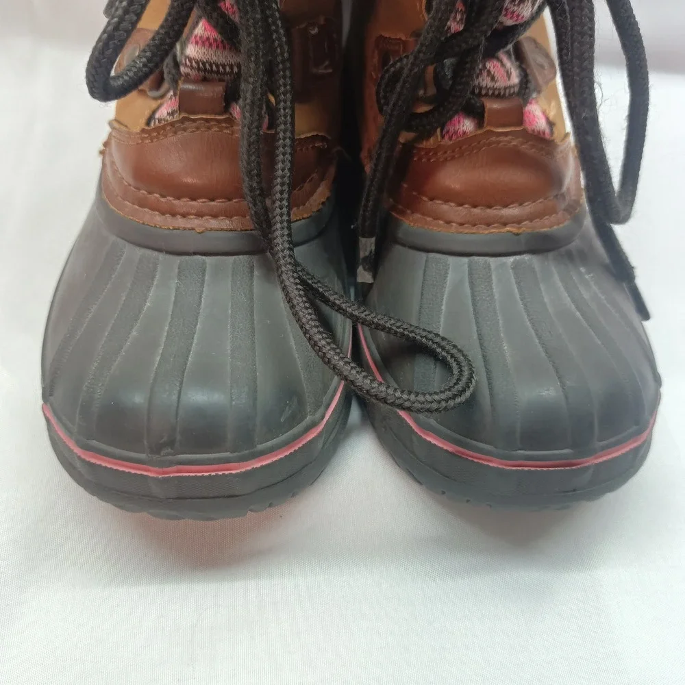 London Fog Tottenham Kids Winter Duck Boots Pink Brown Faux Fur Size 12 LFK004
